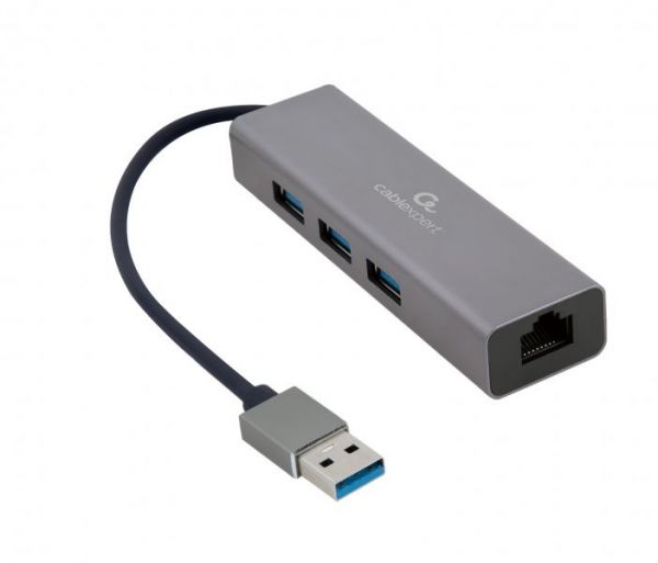 Адаптер Cablexpert A-AMU3-LAN-01  концентратор, з USB-A на Gigabit Ethernet, + 3 порти USB 3.1 Gen1 (5 Gbps), 1000 Mbps, метал, сірий