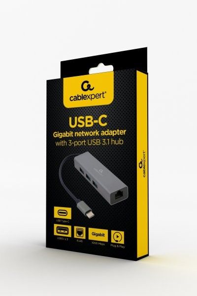 Док-станцiя Cablexpert A-CMU3-LAN-01 з USB-С на Gigabit Ethernet, 3 Ports USB 3.1 Gen1 (5 Gbps), 1000 Mbps, метал, сірий