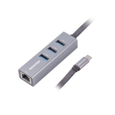 Адаптер Maxxter NECH-3P-02 з Type-C на Gigabit Ethernet, 3 Ports USB 3.0, металл, темно-сірий)