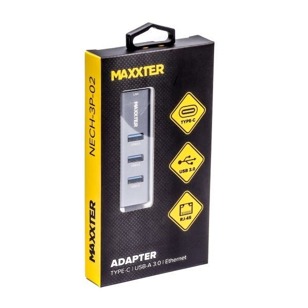 Адаптер Maxxter NECH-3P-02 з Type-C на Gigabit Ethernet, 3 Ports USB 3.0, металл, темно-сірий)