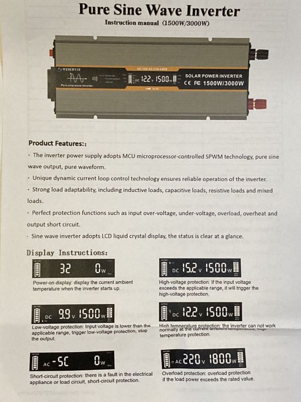 Інвертор SOLAR POWER 1500W/3000W вхід DC 12V, вихід AC 230V, 1500Вт, USB 5V DC, чиста правильна синусоїда (SP-3000)