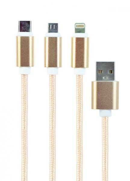 Кабель Cablexpert CC-USB2-AM31-1M-G для заряджання USB AM-тато/Lightning/Micro/Type-C, 1.0 м, золотистий