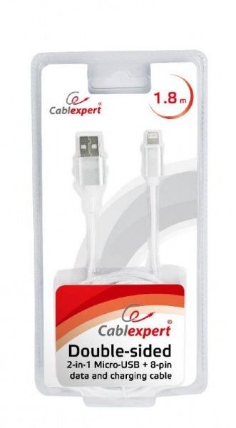 Кабель Cablexpert CCB-USB2AM-mU8P-6 USB 2.0, A-тато/Lightning+microUSB, 1.8 м, з обплетенням та металевими роз'ємами