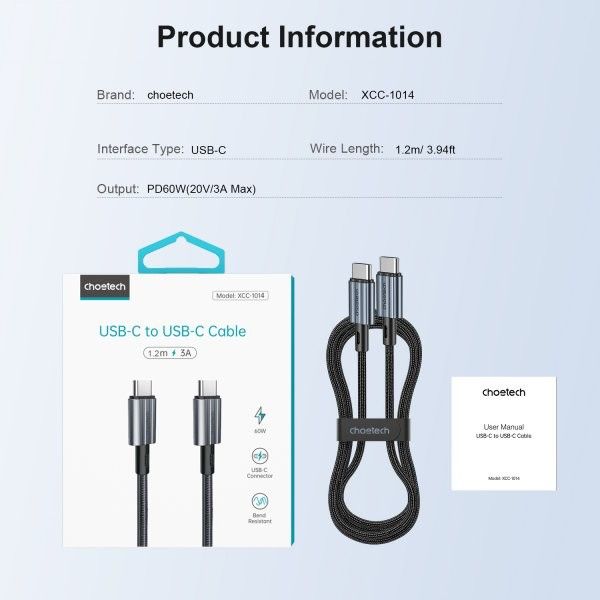 Кабель CHOETECH XCC-1014-BK USB 2.0 C-тато/C-тато, 60 ватт, 1.2 м, преміум
