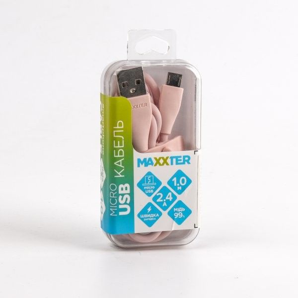 Кабель Maxxter UB-M-USB-01GP micro USB 2.0 A-тато/Micro B-тато, преміум, 2.4 А, силіконова застібка, рожевий