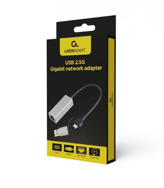 Мережевий адаптер Cablexpert A-USB3AC-LAN2G-01  2,5 Гбіт/с, USB type-A / type-C (комбо конектор), сірий