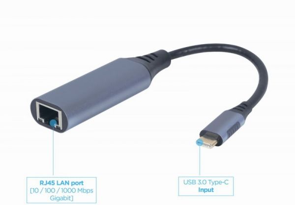Мережевий адаптер Cablexpert A-USB3C-LAN-01  гігабітний (1000 Мб/с), з USB type-C на Ethernet, сірий