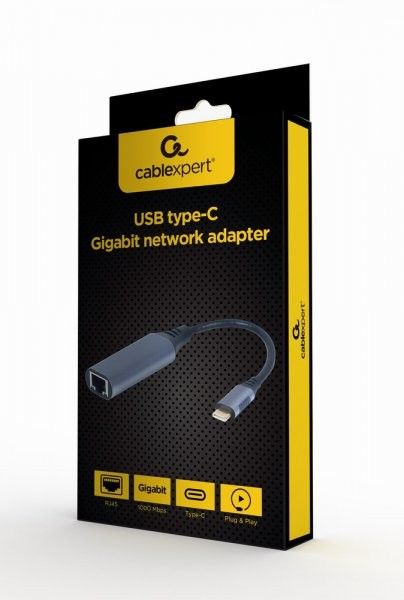 Мережевий адаптер Cablexpert A-USB3C-LAN-01  гігабітний (1000 Мб/с), з USB type-C на Ethernet, сірий