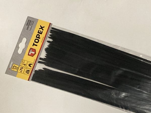 Стяжка Topex 4.8х370мм 75шт, пластик, чорні (44E982)