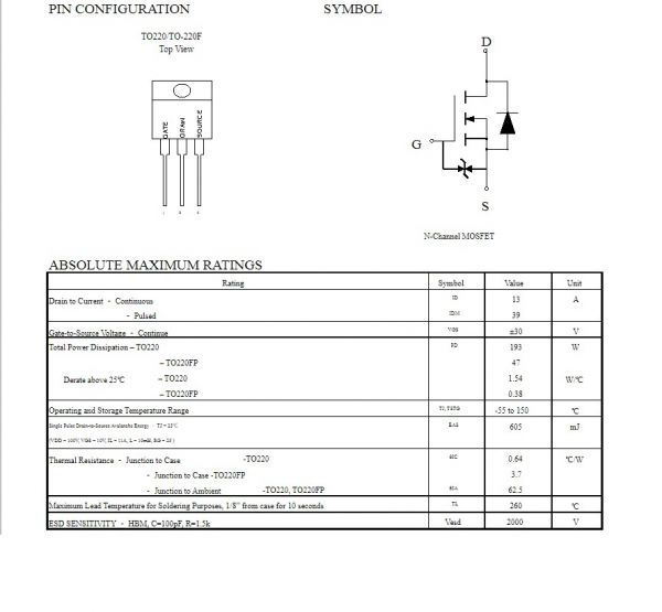 Транзистор Greatpower GPT13N50DG N-Channel POWER MOSFET, 13A, 500V, TO-220F